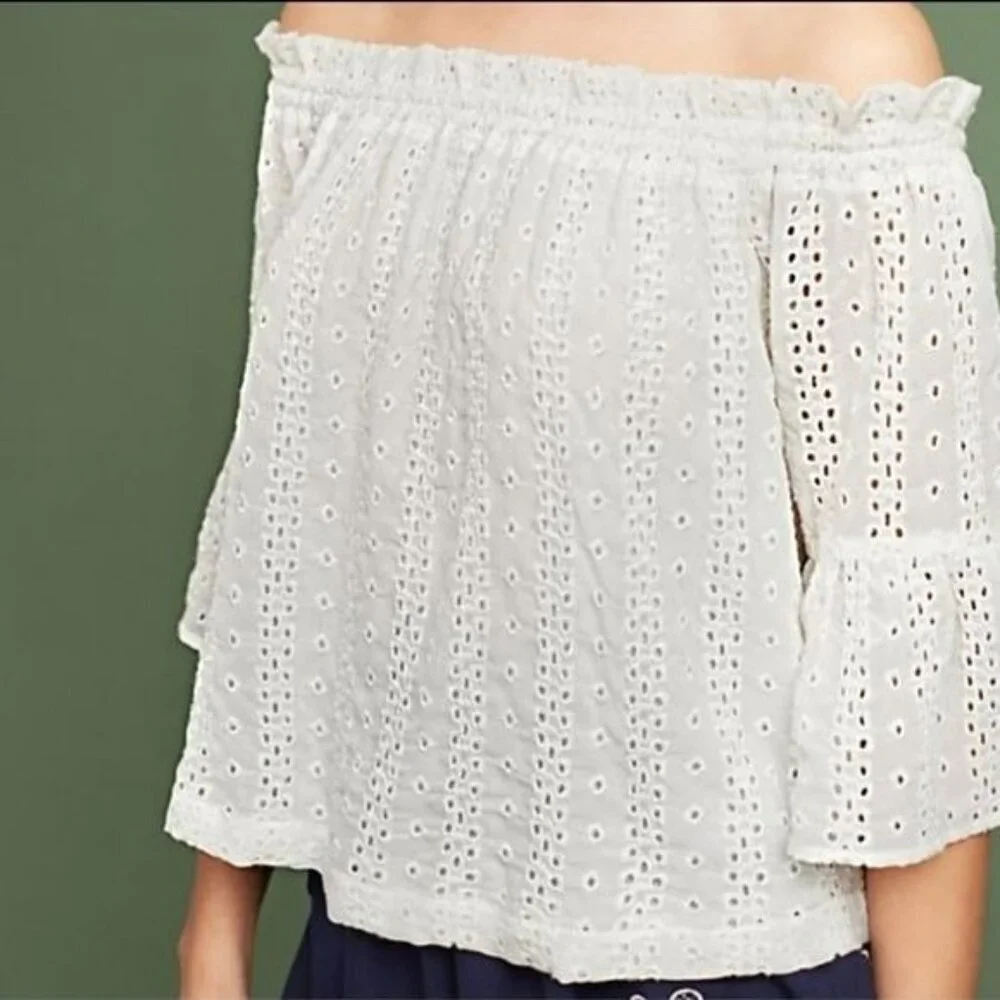 Anthropologie ✦ Floreat Angelique Blouse ✦ Off-Shoulder Eyelet ✦ White Cotton XS - Picture 3 of 6